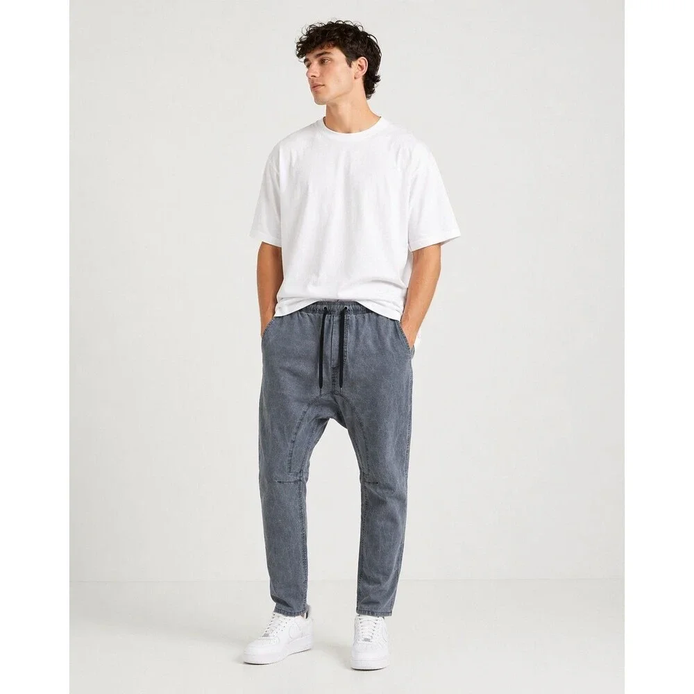 Cotton On Men 36 Washed Gray Jogger Pants Drop Crotch Tapered Drawstring Jeans